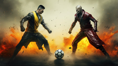 Two football players of a fighter in the fight for the ballの素材