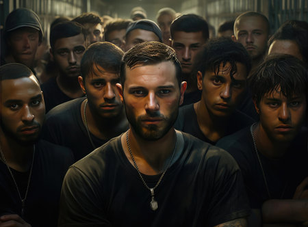 A group of prisoners in a prison look into a cellの素材