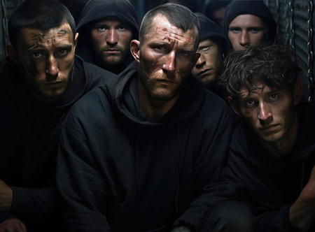 A group of prisoners in a prison look into a cellの素材