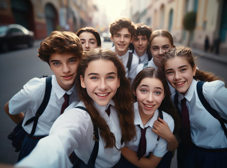 A group of schoolchildren in school uniforms and with backpacks happily look at the cameraの素材