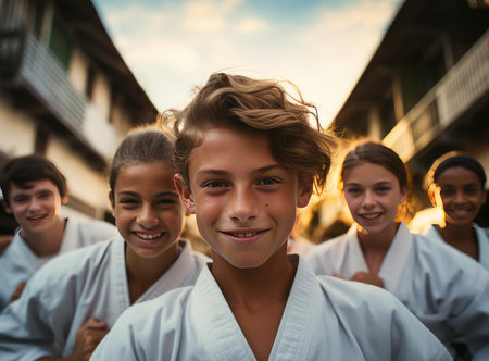 A group of teenage wrestlers in kimonos look at the camera in a friendly wayの素材