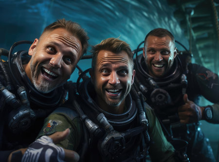 A group of scuba divers looking at the cameraの素材