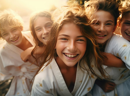 A group of teenage wrestlers in kimonos look at the camera in a friendly wayの素材