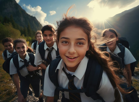 A group of schoolchildren in school uniforms and with backpacks happily look at the cameraの素材