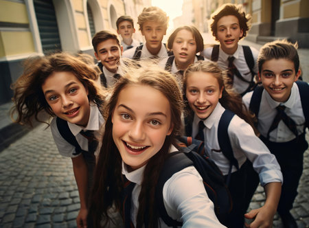 A group of schoolchildren in school uniforms and with backpacks happily look at the cameraの素材