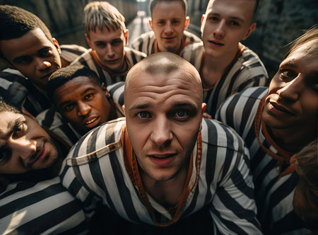A group of prisoners in a prison look into a cellの素材