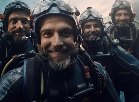 A group of scuba divers looking at the cameraの素材