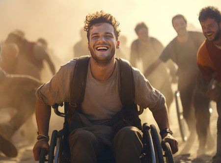 A group of wheelchair users happily look at the cameraの素材