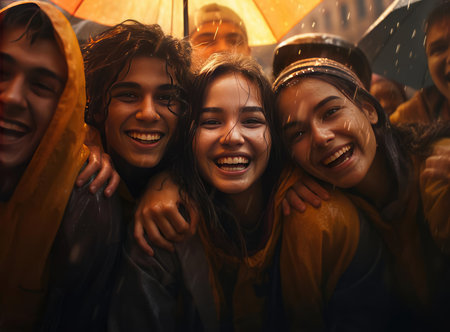 A group of people in the rain under umbrellas looking at the cameraの素材