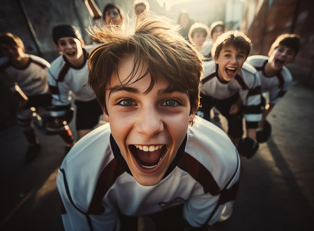 A group of teenagers in hockey uniforms look at the cameraの素材