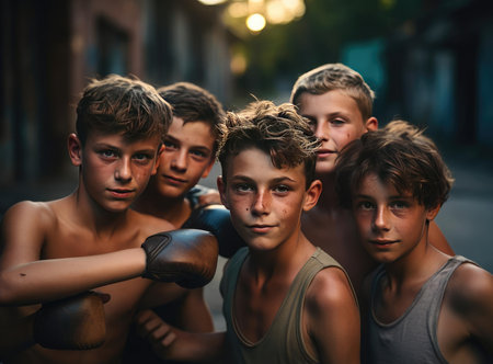 A group of teenage boxers with boxing glovesの素材