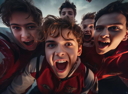 A group of teenagers in hockey uniforms look at the cameraの素材