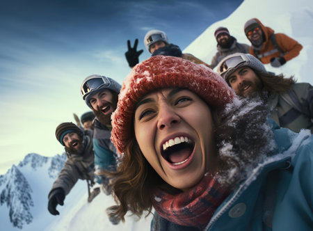 A group of skiers and snowboarders happily look at the cameraの素材