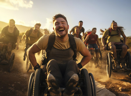 A group of wheelchair users happily look at the cameraの素材