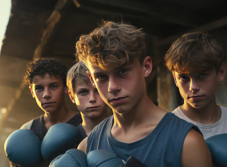 A group of teenage boxers with boxing glovesの素材