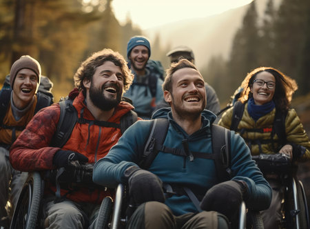A group of wheelchair users happily look at the cameraの素材