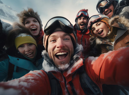 A group of skiers and snowboardersの素材