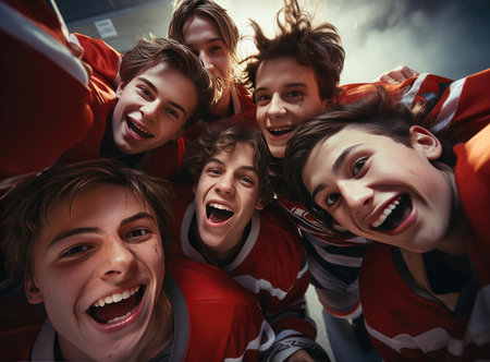 A group of teenagers in hockey uniforms look at the cameraの素材