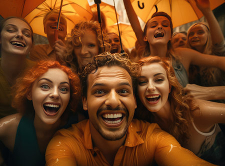 A group of people in the rain under umbrellasの素材
