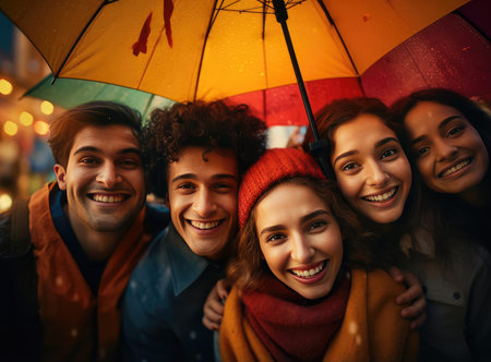 A group of people in the rain under umbrellasの素材