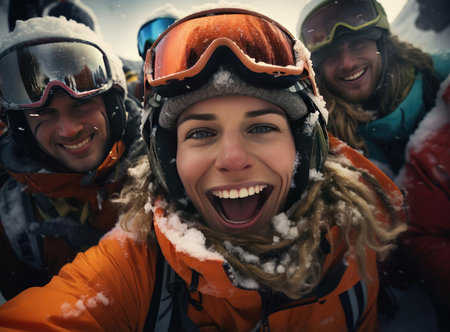 A group of skiers and snowboardersの素材