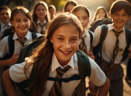 A group of schoolchildren in school uniforms and with backpacksの素材