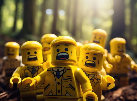 A group of plastic men from the constructor look at the cameraの素材