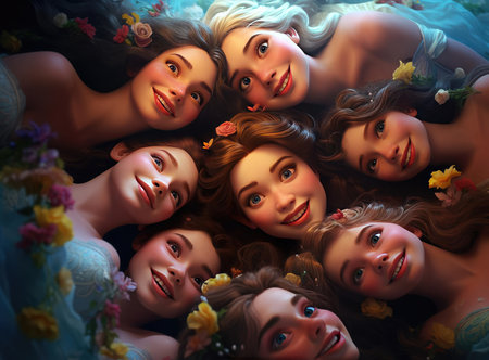 A group of princesses smiling and looking at the cameraの素材