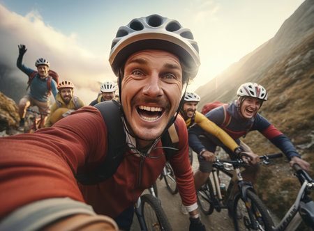 A group of cyclists look at the camera. Strong emotionsの素材
