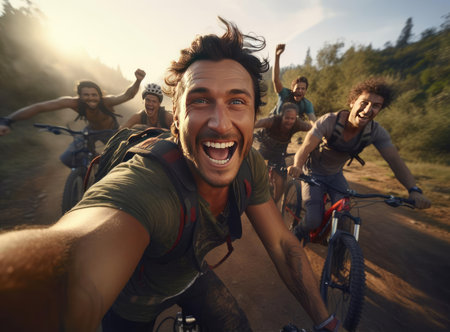 A group of cyclists look at the camera. Strong emotionsの素材