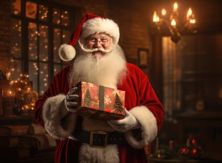 Santa Claus with a gift box in his hands happily looks at the cameraの素材