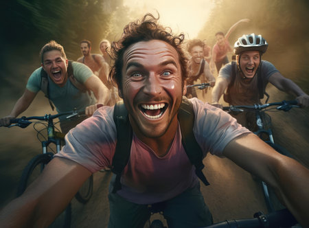 A group of cyclists look at the camera. Strong emotionsの素材