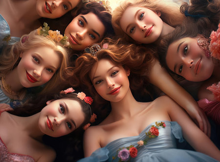 A group of princesses smiling and looking at the cameraの素材