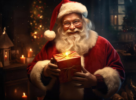 Santa Claus with a gift box in his hands happily looks at the cameraの素材