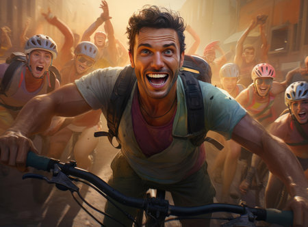 A group of cyclists look at the camera. Strong emotionsの素材