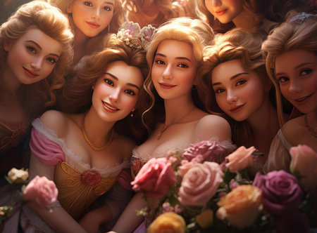 A group of princesses smiling and looking at the cameraの素材
