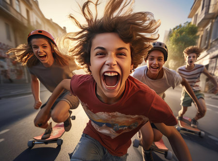 A group of skaters on the street looking at the cameraの素材
