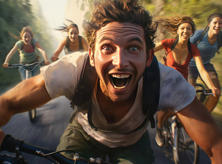 A group of cyclists look at the camera. Strong emotionsの素材