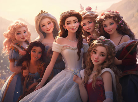 A group of princesses smiling and looking at the cameraの素材