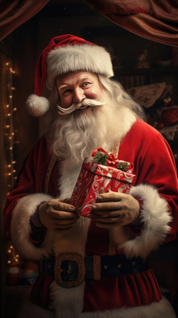 Santa Claus with a gift box in his hands happily looks at the cameraの素材