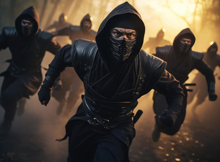 A group of ninjas in black clothes look at the cameraの素材