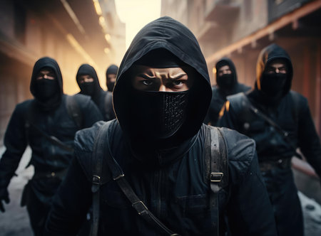 A group of ninjas in black clothes look at the cameraの素材