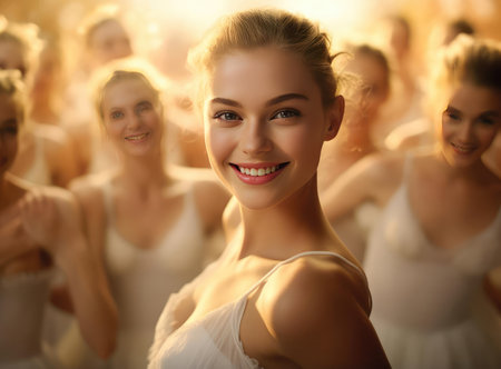 A group of teenage ballerinas in white clothes look at the cameraの素材