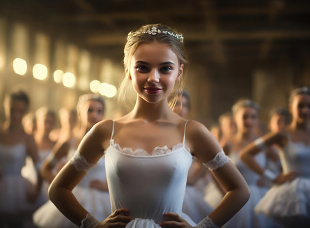 A group of teenage ballerinas in white clothes look at the cameraの素材