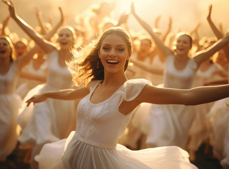 A group of teenage ballerinas in white clothes look at the cameraの素材