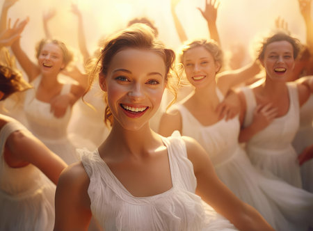 A group of teenage ballerinas in white clothes look at the cameraの素材