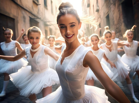 A group of teenage ballerinas in white clothes look at the cameraの素材