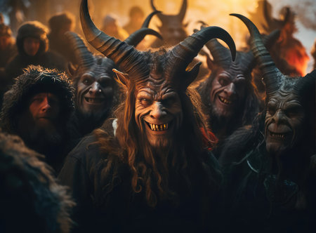 A group of people with horns at the Krampus Night festival look at the cameraの素材