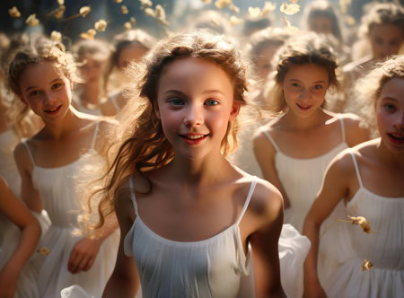A group of teenage ballerinas in white clothes look at the cameraの素材