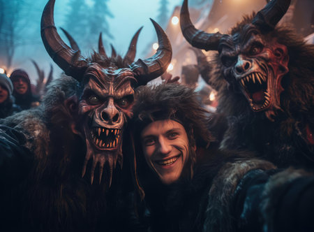 A group of people with horns at the Krampus Night festival look at the cameraの素材